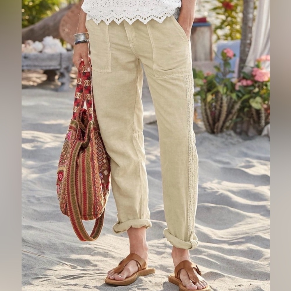 Sundance Linen Blend Lace Roll Hem Vintage Wash Pants Boho Feminine Sz 12 Petite